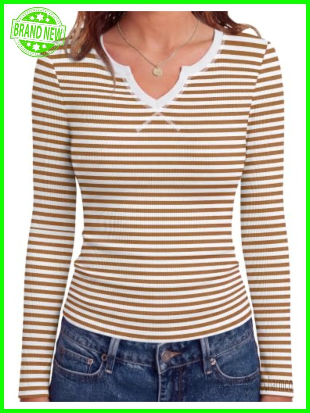 Women's Long Sleeve Rib Knit V-Neck Slim Fit Tunic Tee